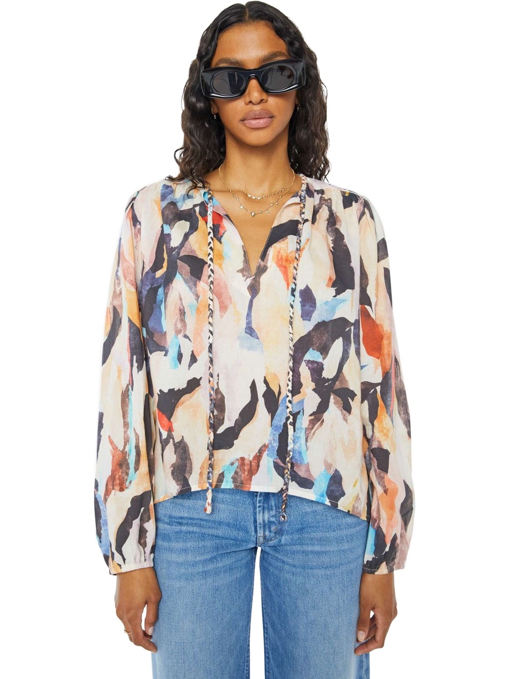 Maria Cher 100% Cotton Voile Abstract Print V-Neck Blouse Top XS Flowy Boho